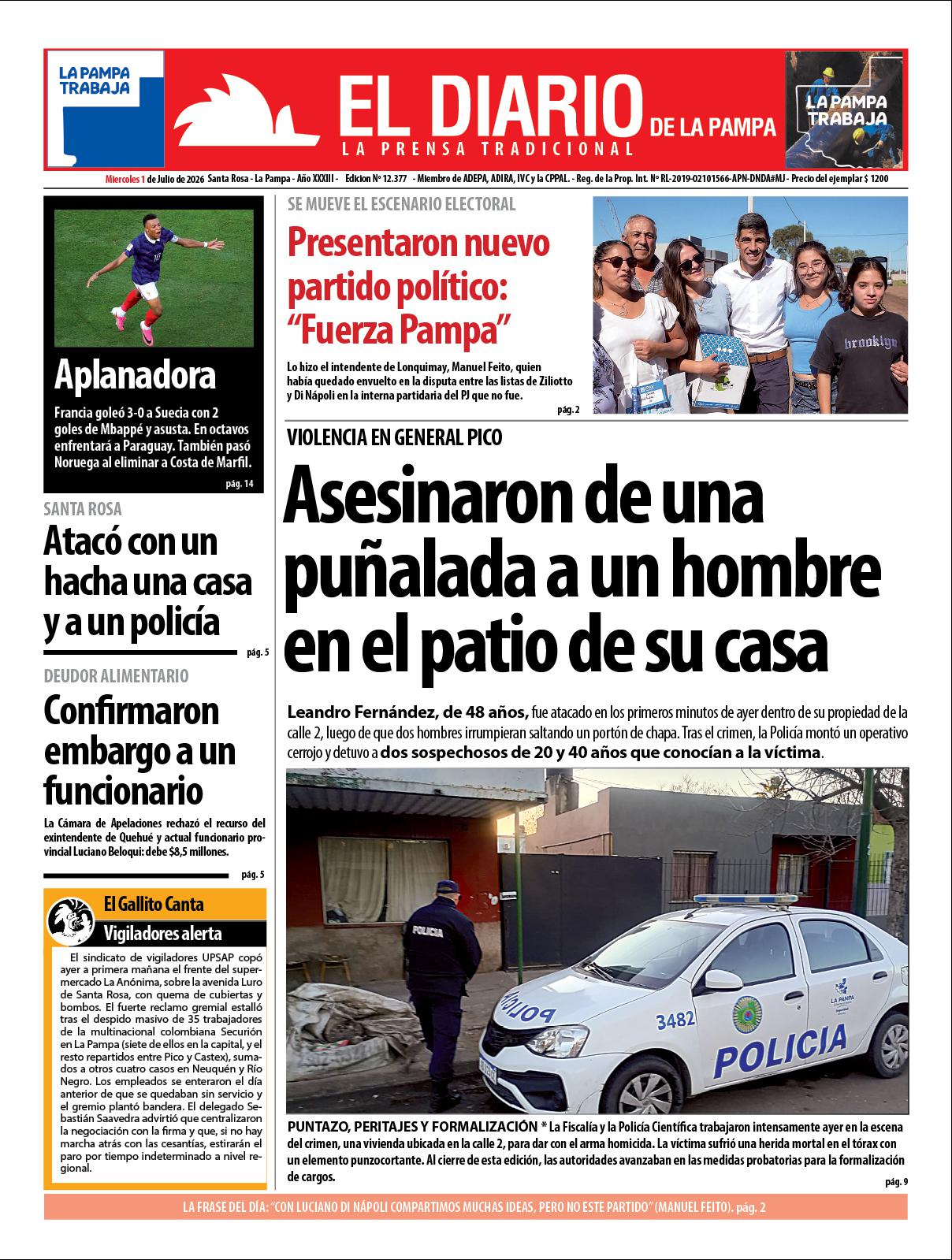 Tapa de El Diario en papel  mieacutercoles 01 de julio de 2026